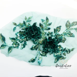 Aplique de Encaje Verde Lentejuelas 33X19 CM