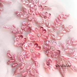 Aplique de Encaje Rosa Palo Mostacillas 21X21 CM Dos Piezas