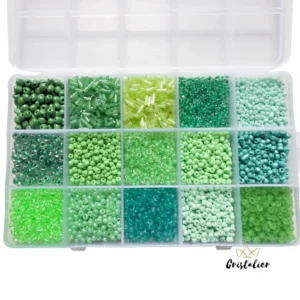 CAJA MIX VERDE CLARO DE MOSTACILLAS Y CUENTAS 15 TIPOS DIFERENTES