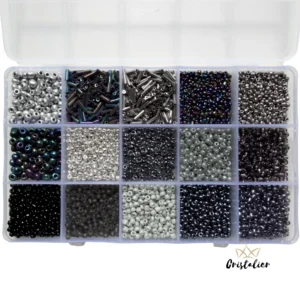 CAJA MIX NEGRO DE MOSTACILLAS Y CUENTAS 15 TIPOS DIFERENTES