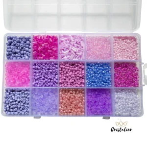CAJA MIX VIOLETA DE MOSTACILLAS Y CUENTAS 15 TIPOS DIFERENTES